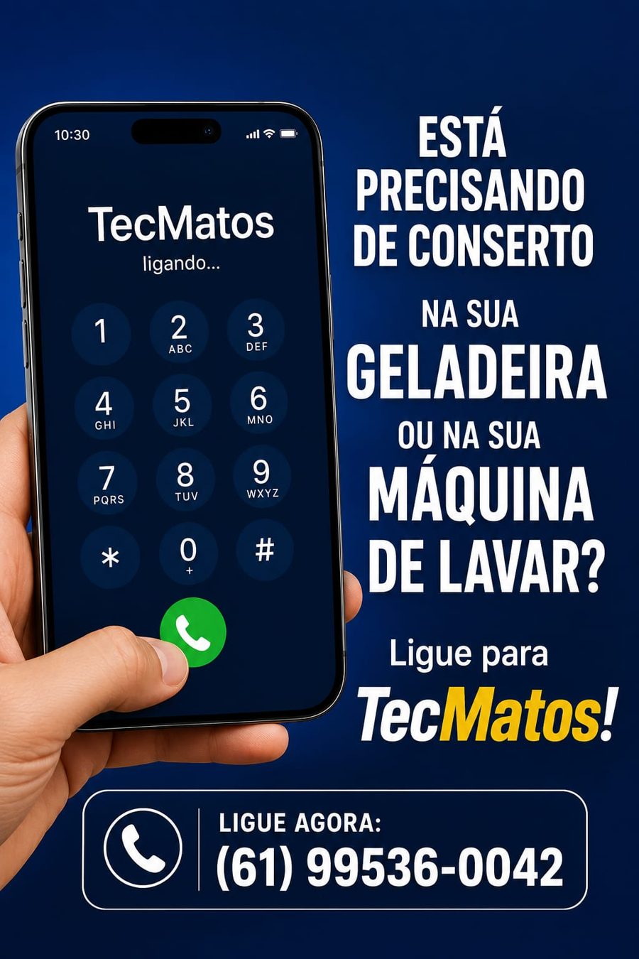 Está precisando de conserto na sua geladeira ou máquina de lavar? Ligue para TecMatos (61) 99536-0042